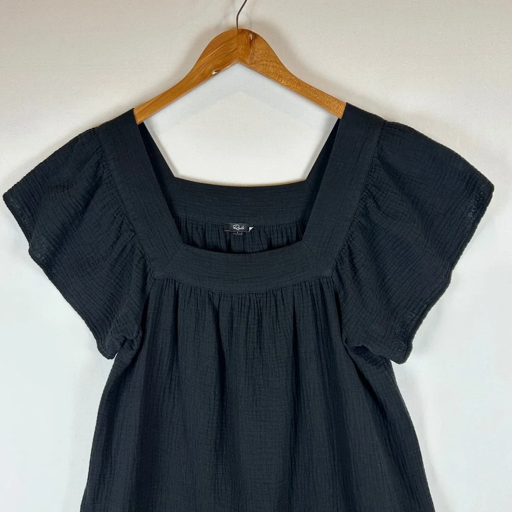 Rails Everdeen Black Cotton Gauze Mini Dress Square Neck Flutter Sleeve L - Picture 8 of 13